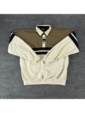 VTG Knightsbridge Long Sleeve Rugby Polo Shirt Brown Cream Large - Preppy, Retro